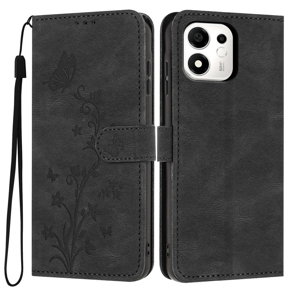For Honor 600 Smart 5G / X7e Plus 5G Wallet Case Butterfly Flower Imprint PU Leather Phone Cover with Wrist Strap