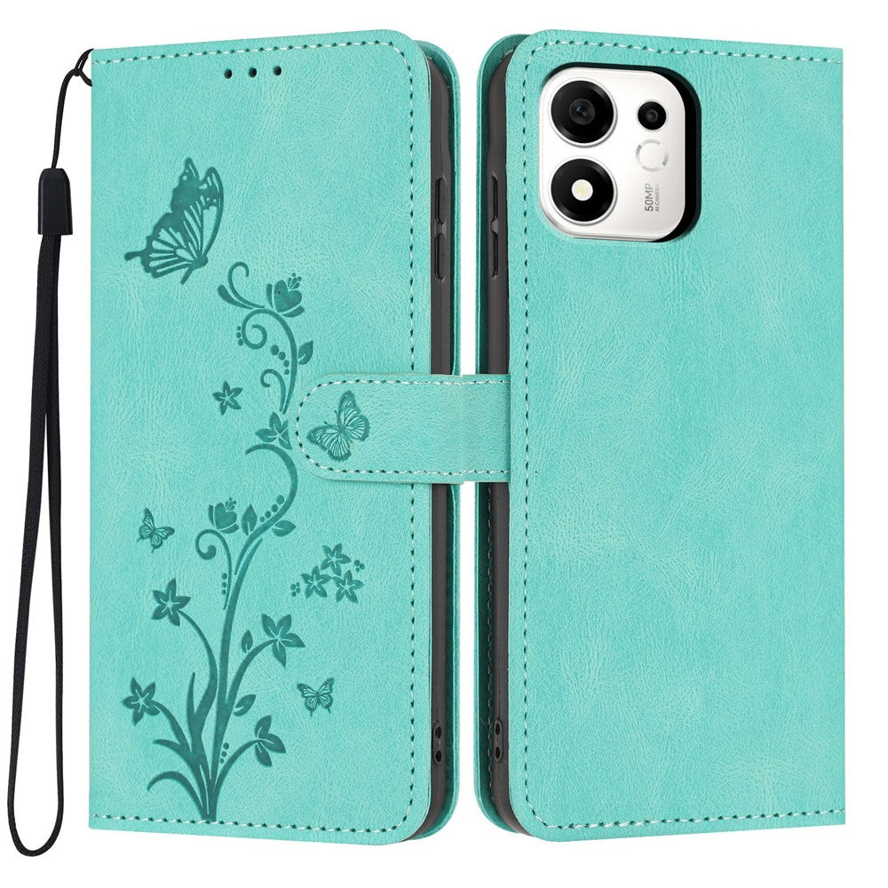 For Honor 600 Smart 5G / X7e Plus 5G Wallet Case Butterfly Flower Imprint PU Leather Phone Cover with Wrist Strap