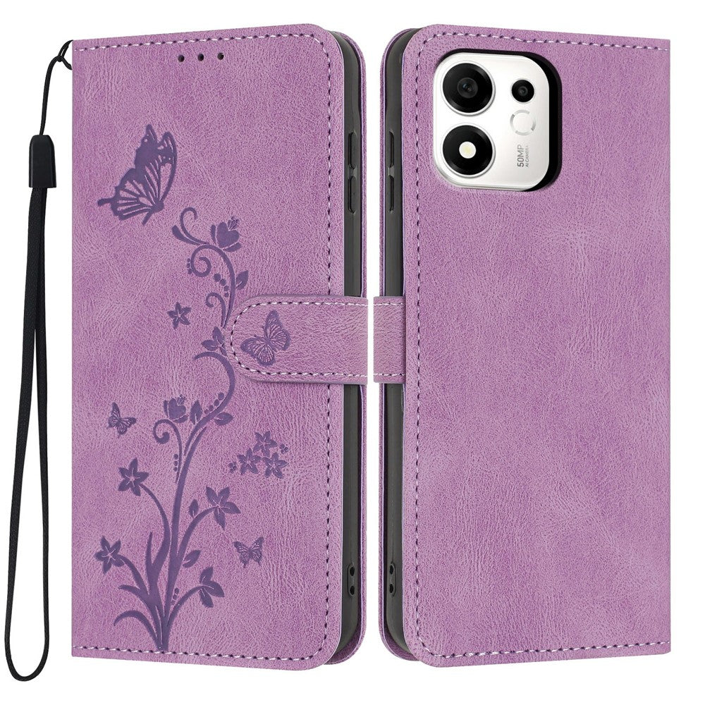 For Honor 600 Smart 5G / X7e Plus 5G Wallet Case Butterfly Flower Imprint PU Leather Phone Cover with Wrist Strap