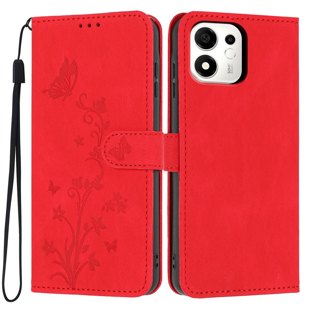 For Honor 600 Smart 5G / X7e Plus 5G Wallet Case Butterfly Flower Imprint PU Leather Phone Cover with Wrist Strap