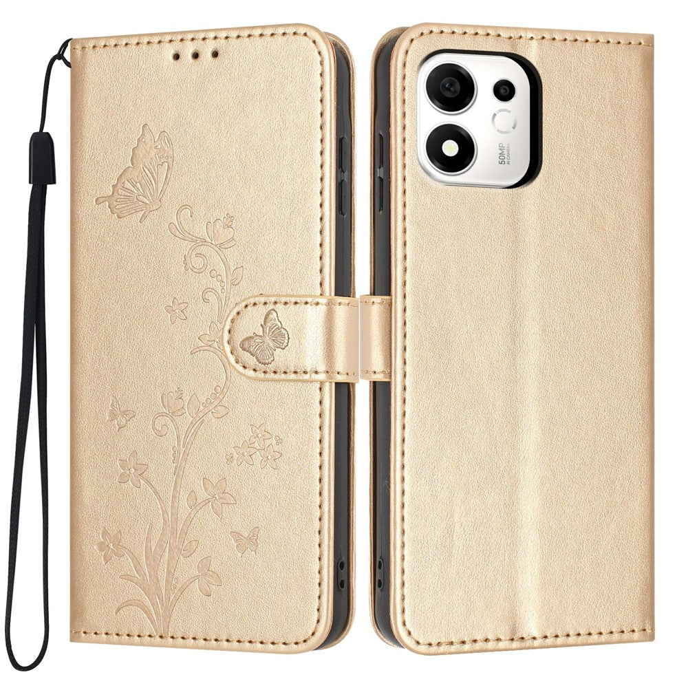 For Honor 600 Smart 5G / X7e Plus 5G Wallet Case Butterfly Flower Imprint PU Leather Phone Cover with Wrist Strap