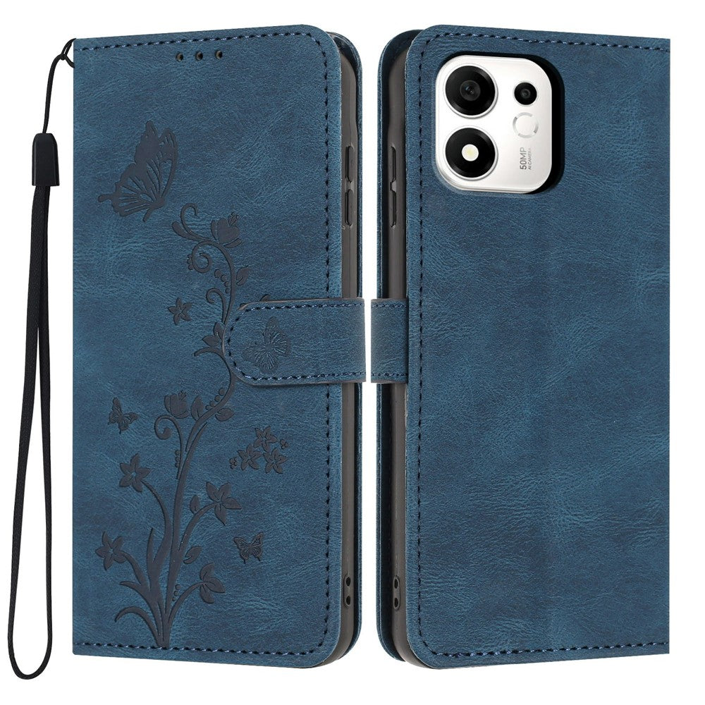For Honor 600 Smart 5G / X7e Plus 5G Wallet Case Butterfly Flower Imprint PU Leather Phone Cover with Wrist Strap
