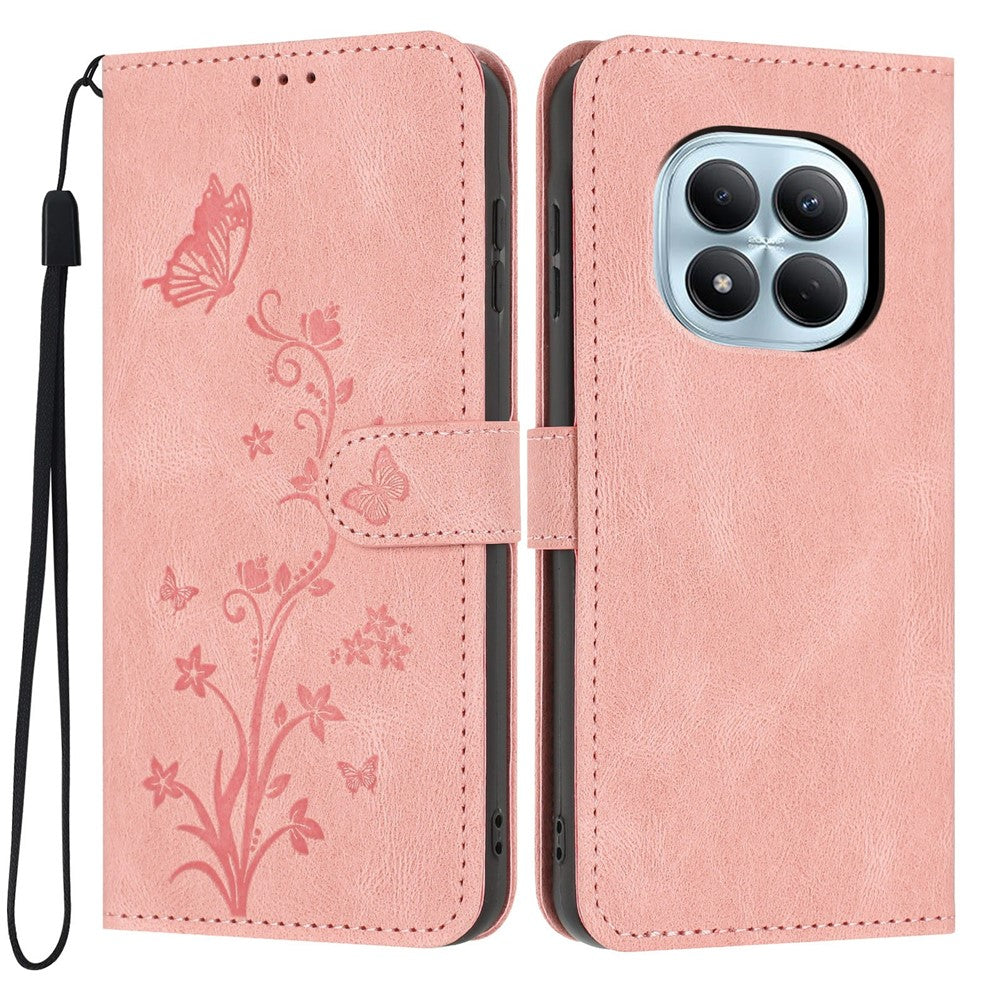For Xiaomi Redmi Note 15 Pro 4G (Global) Wallet Case Butterfly Flower Imprint PU Leather Phone Cover with Wrist Strap