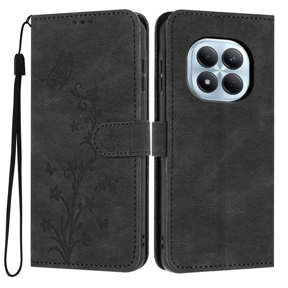 For Xiaomi Redmi Note 15 Pro 4G (Global) Wallet Case Butterfly Flower Imprint PU Leather Phone Cover with Wrist Strap