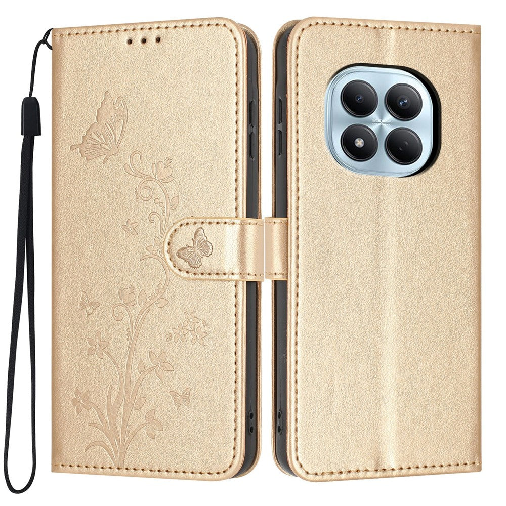 For Xiaomi Redmi Note 15 Pro 4G (Global) Wallet Case Butterfly Flower Imprint PU Leather Phone Cover with Wrist Strap