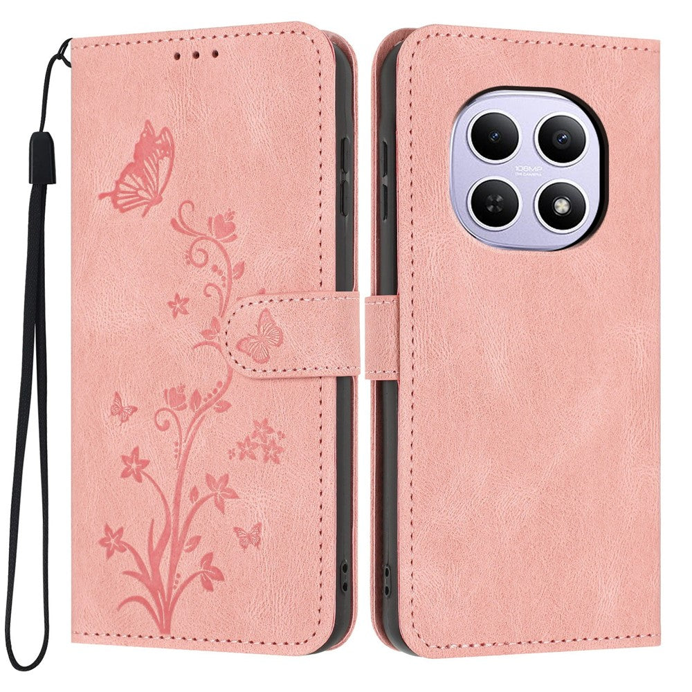 For Xiaomi Redmi Note 15 5G (Global)  /  Note 15 4G (Global)  /  Poco M8 5G Wallet Case Butterfly Flower Imprint PU Leather Phone Cover with Wrist Strap