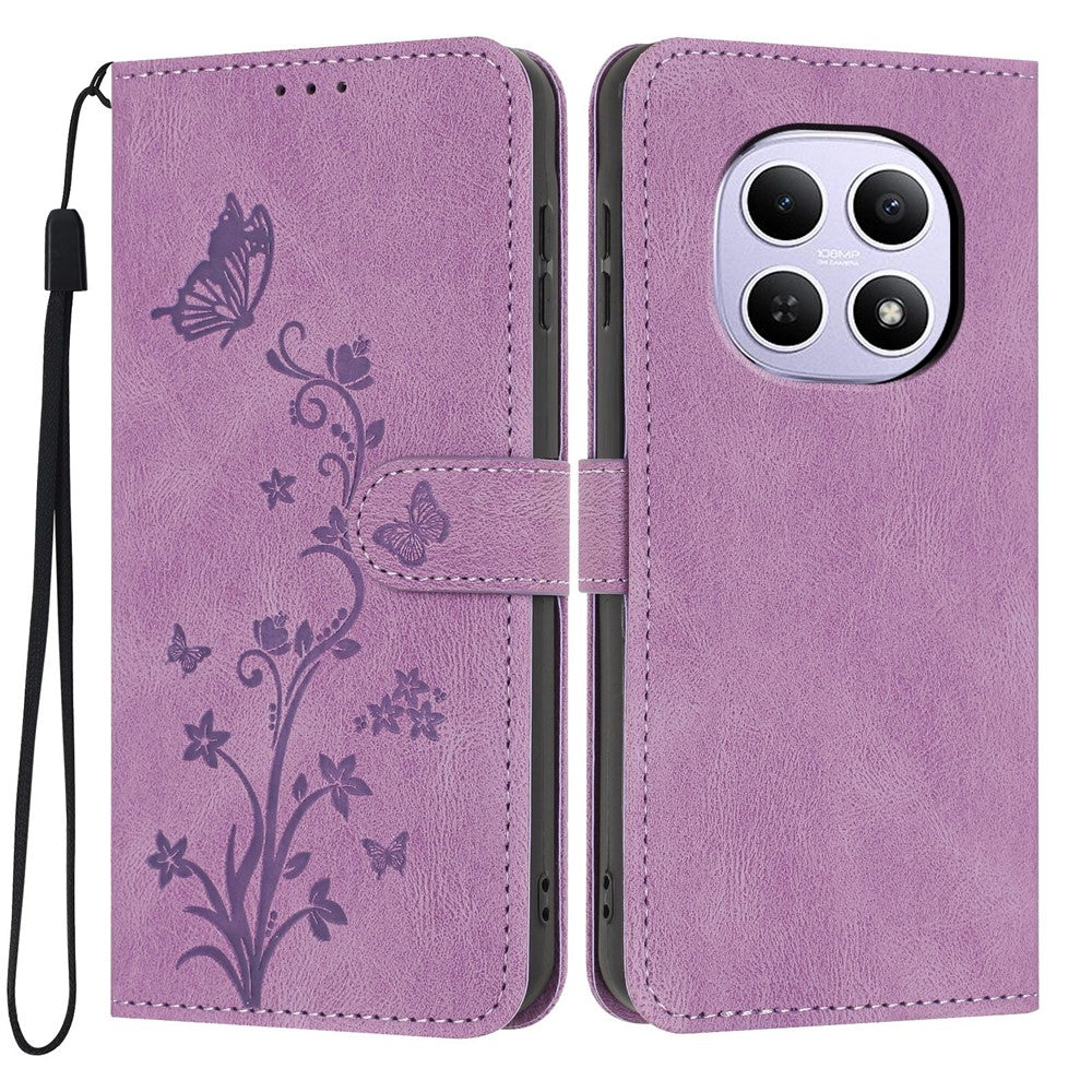 For Xiaomi Redmi Note 15 5G (Global)  /  Note 15 4G (Global)  /  Poco M8 5G Wallet Case Butterfly Flower Imprint PU Leather Phone Cover with Wrist Strap