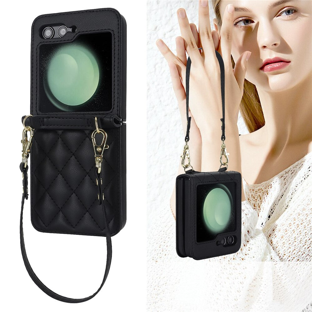 For Samsung Galaxy Z Flip7 FE 5G / Flip6 5G Case Rhombic Leather + PC Folding Phone Cover with Wrist Strap / 1.5m Long Strap