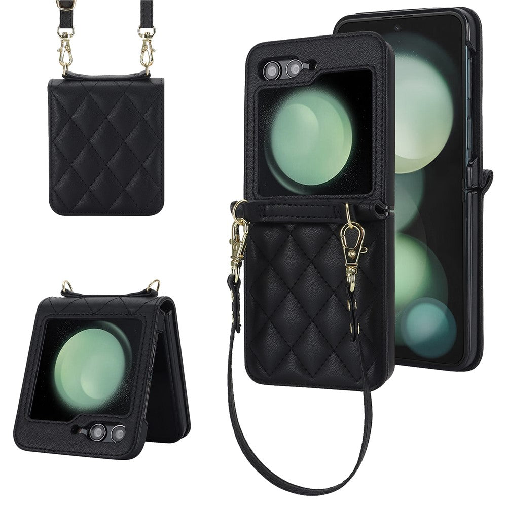 For Samsung Galaxy Z Flip7 FE 5G / Flip6 5G Case Rhombic Leather + PC Folding Phone Cover with Wrist Strap / 1.5m Long Strap