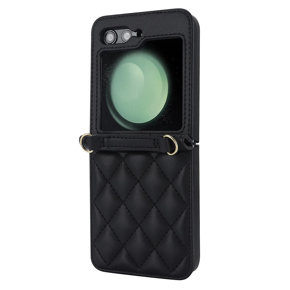 For Samsung Galaxy Z Flip7 FE 5G / Flip6 5G Case Rhombic Leather + PC Folding Phone Cover with Wrist Strap / 1.5m Long Strap