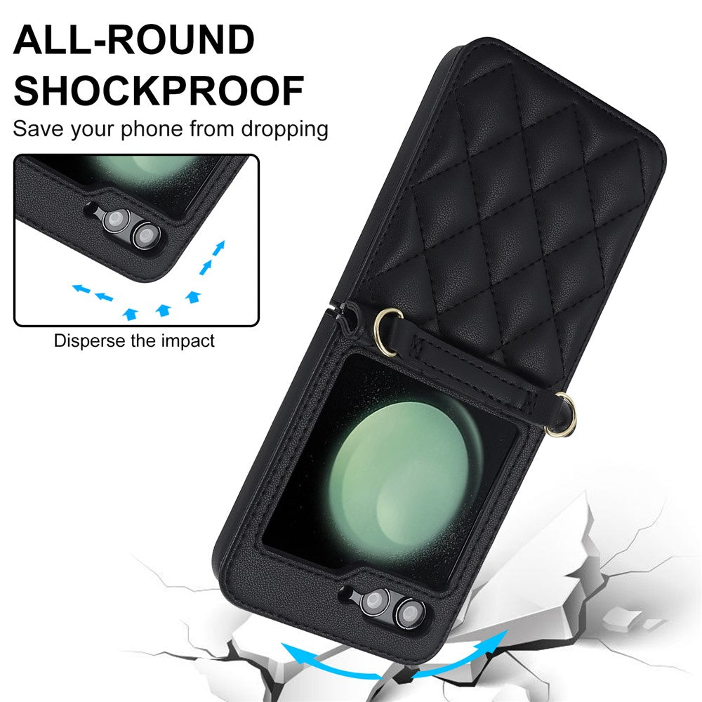 For Samsung Galaxy Z Flip7 FE 5G / Flip6 5G Case Rhombic Leather + PC Folding Phone Cover with Wrist Strap / 1.5m Long Strap