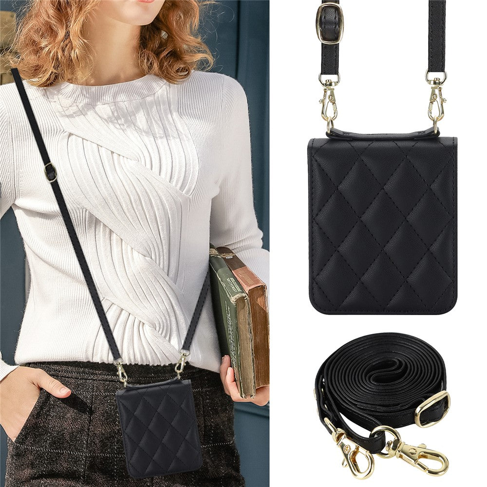 For Samsung Galaxy Z Flip7 FE 5G / Flip6 5G Case Rhombic Leather + PC Folding Phone Cover with Wrist Strap / 1.5m Long Strap
