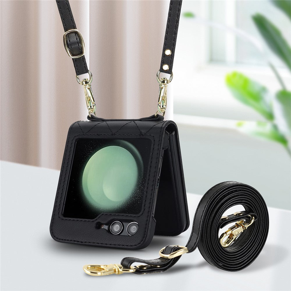For Samsung Galaxy Z Flip7 FE 5G / Flip6 5G Case Rhombic Leather + PC Folding Phone Cover with Wrist Strap / 1.5m Long Strap