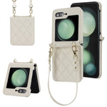 For Samsung Galaxy Z Flip7 FE 5G / Flip6 5G Case Rhombic Leather + PC Folding Phone Cover with Wrist Strap / 1.5m Long Strap