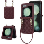 For Samsung Galaxy Z Flip7 FE 5G / Flip6 5G Case Rhombic Leather + PC Folding Phone Cover with Wrist Strap / 1.5m Long Strap