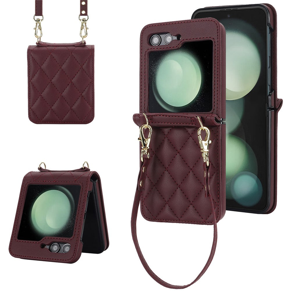 For Samsung Galaxy Z Flip7 FE 5G / Flip6 5G Case Rhombic Leather + PC Folding Phone Cover with Wrist Strap / 1.5m Long Strap