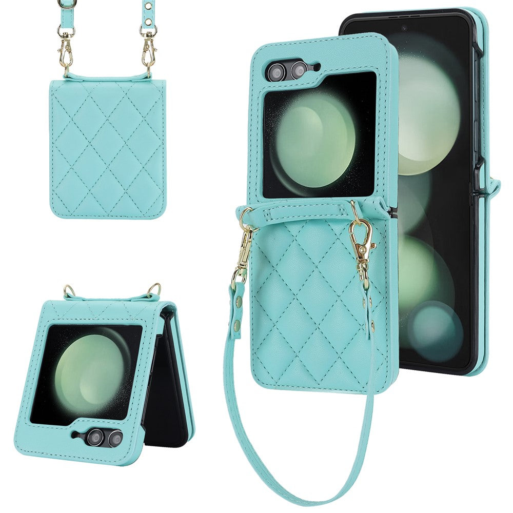 For Samsung Galaxy Z Flip7 FE 5G / Flip6 5G Case Rhombic Leather + PC Folding Phone Cover with Wrist Strap / 1.5m Long Strap