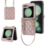 For Samsung Galaxy Z Flip7 FE 5G / Flip6 5G Case Rhombic Leather + PC Folding Phone Cover with Wrist Strap / 1.5m Long Strap