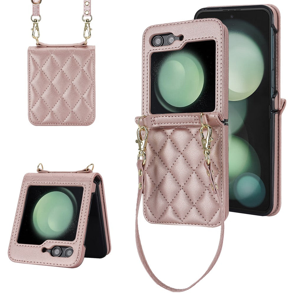 For Samsung Galaxy Z Flip7 FE 5G / Flip6 5G Case Rhombic Leather + PC Folding Phone Cover with Wrist Strap / 1.5m Long Strap