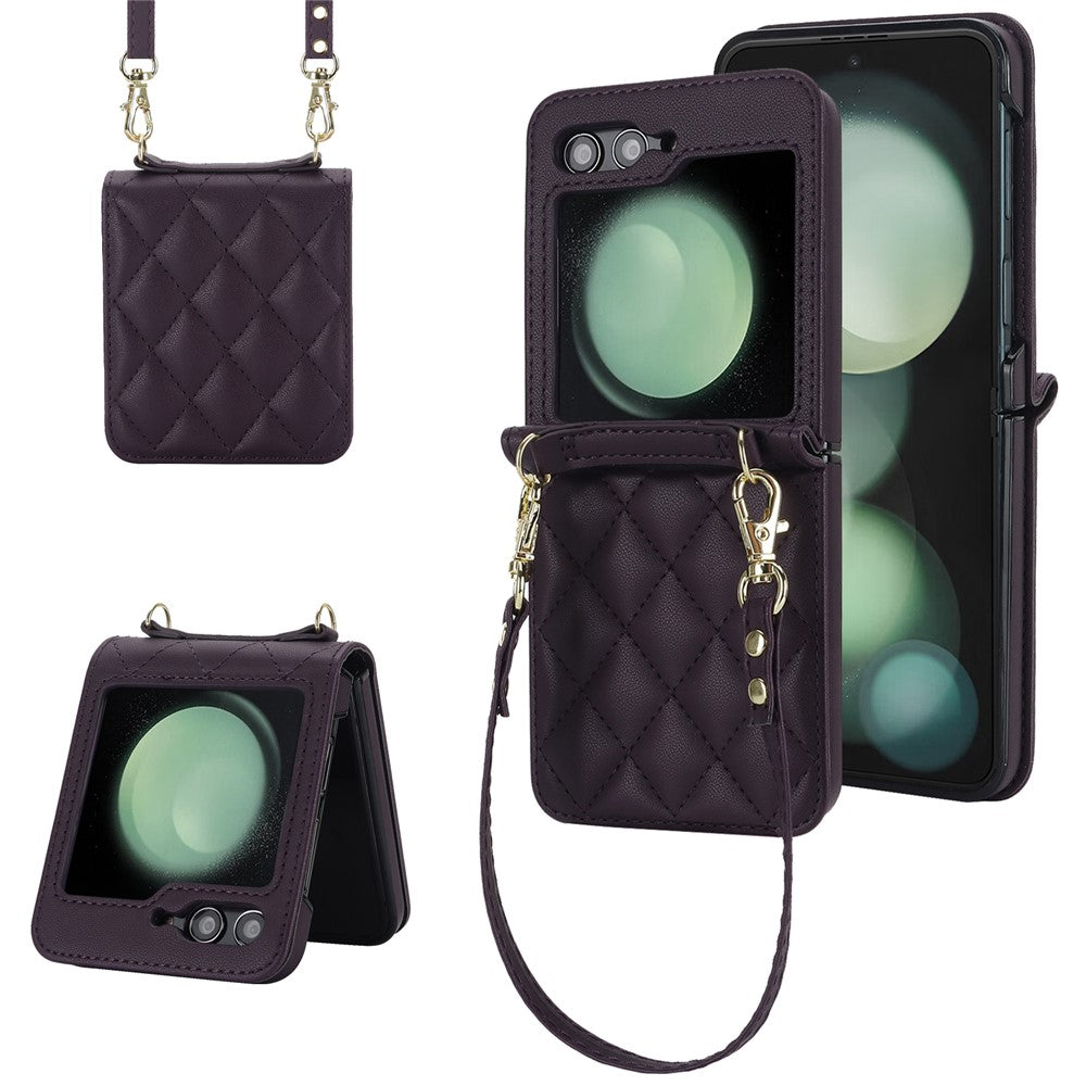 For Samsung Galaxy Z Flip7 FE 5G / Flip6 5G Case Rhombic Leather + PC Folding Phone Cover with Wrist Strap / 1.5m Long Strap