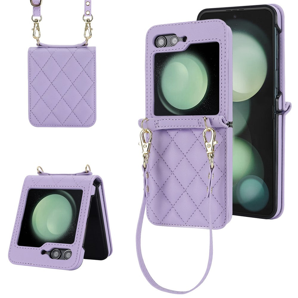 For Samsung Galaxy Z Flip7 FE 5G / Flip6 5G Case Rhombic Leather + PC Folding Phone Cover with Wrist Strap / 1.5m Long Strap