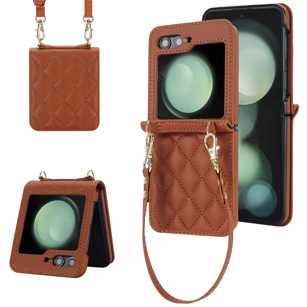 For Samsung Galaxy Z Flip7 FE 5G / Flip6 5G Case Rhombic Leather + PC Folding Phone Cover with Wrist Strap / 1.5m Long Strap