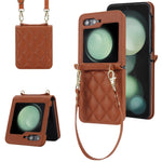 For Samsung Galaxy Z Flip7 FE 5G / Flip6 5G Case Rhombic Leather + PC Folding Phone Cover with Wrist Strap / 1.5m Long Strap