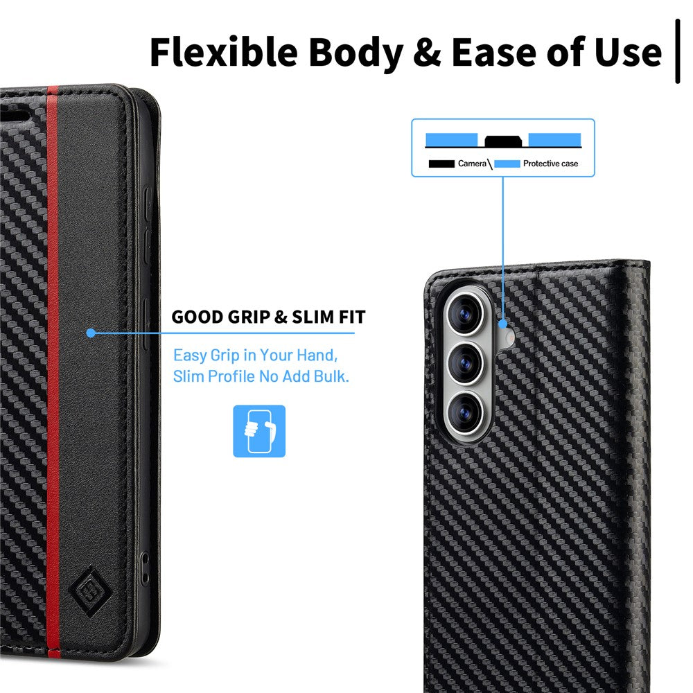 LC.IMEEKE Wallet Case for Samsung Galaxy S26 FE Carbon Fiber Texture Leather Phone Cover