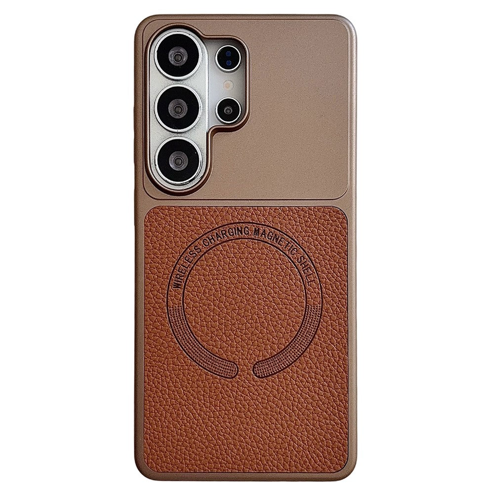 For Samsung Galaxy S26 Ultra Magnetic Case Litchi Texture PU Leather Coated PC + TPU Phone Back Cover