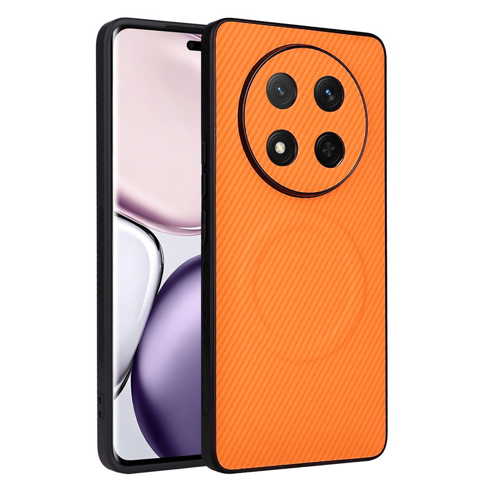 Honor Magic7 Lite 5G / X60 Pro 5G / X9c 5G-skal med kolfiberstruktur, läderbeläggning, TPU-PC-mobilskal med metallring för magnetiskt bilfäste