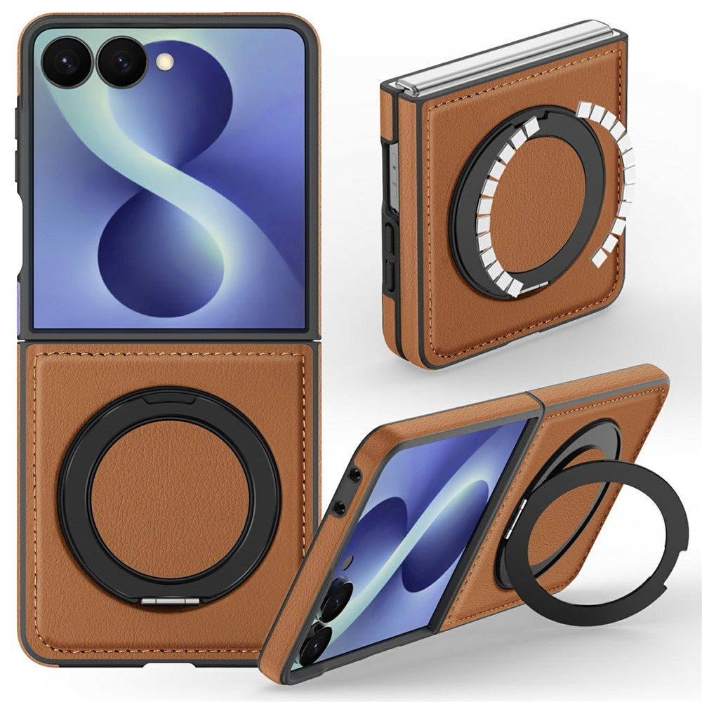 For Samsung Galaxy Z Flip8 Magnetic Case with Ring Kickstand PU Leather Back Cover