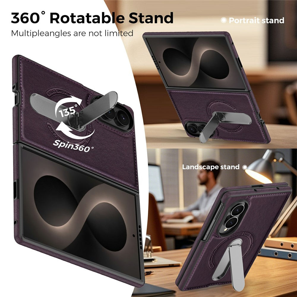 For Samsung Galaxy Z Fold8 Magnetic Case Rotating Kickstand Leather Coated PC Phone Cover
