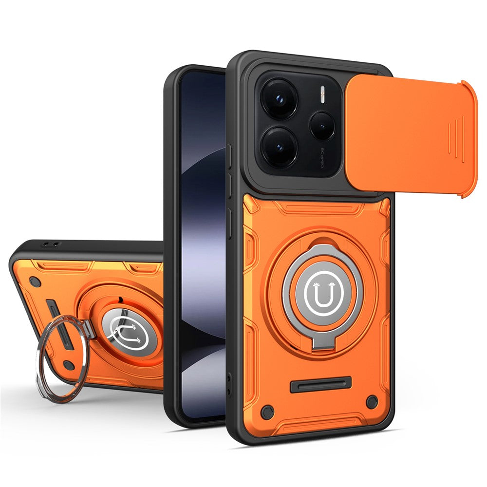 For Xiaomi Redmi Note 14 5G Case with Slide Camera Cover Ring Kickstand PC + TPU Phone Shell