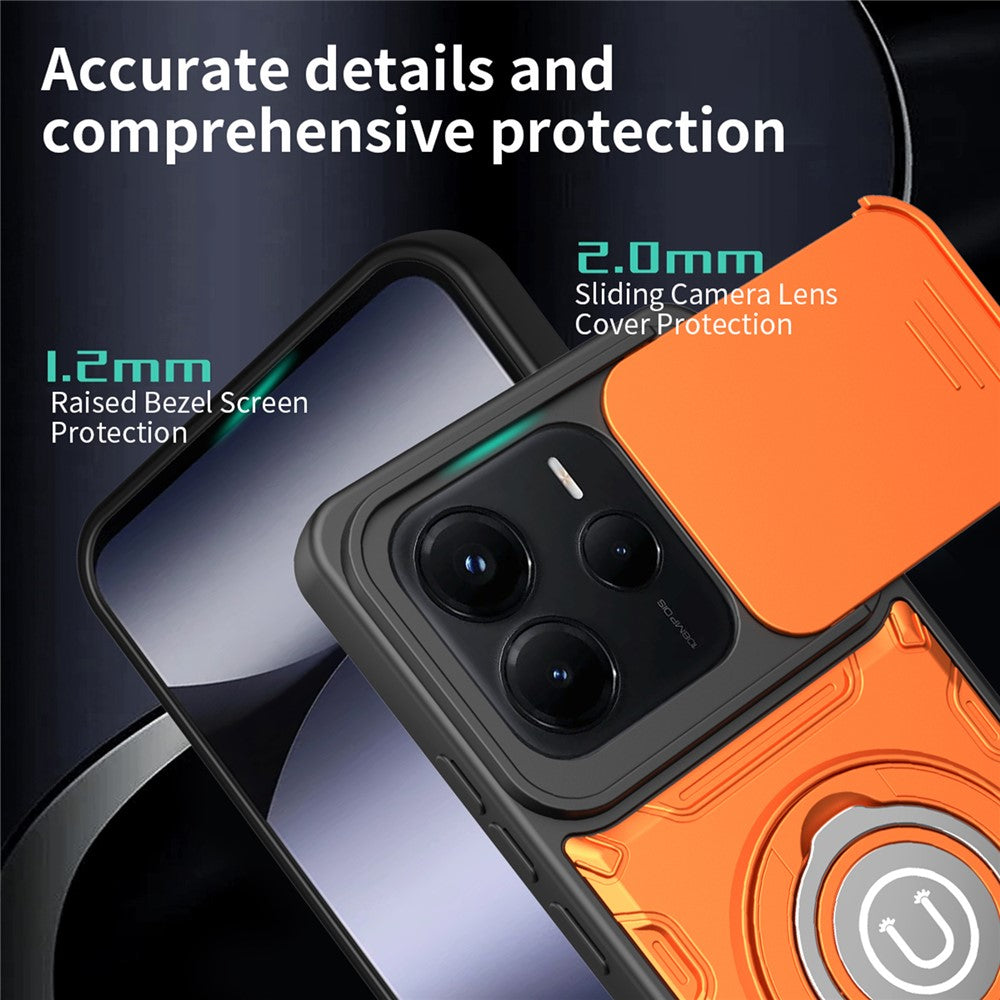 For Xiaomi Redmi Note 14 5G Case with Slide Camera Cover Ring Kickstand PC + TPU Phone Shell