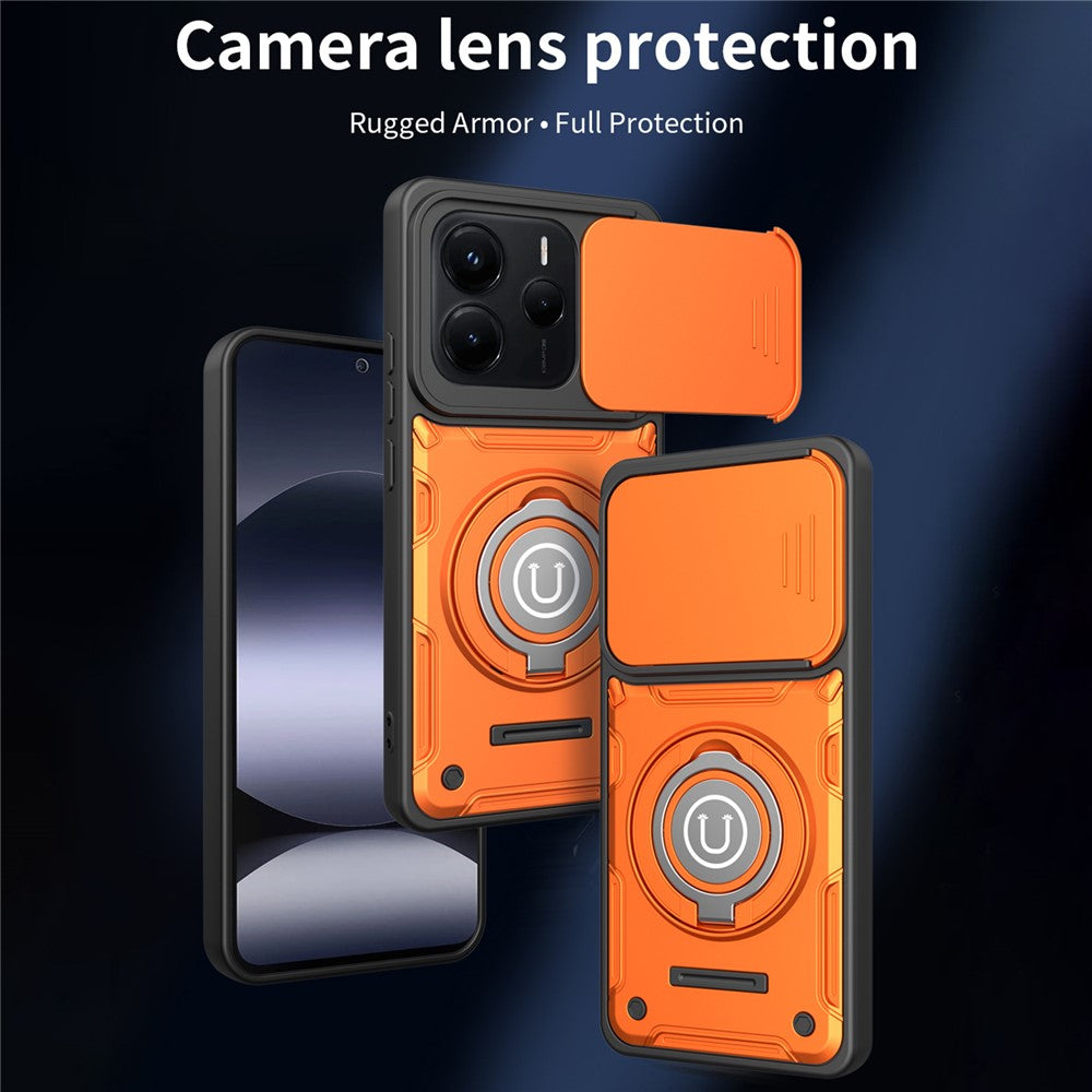 For Xiaomi Redmi Note 14 5G Case with Slide Camera Cover Ring Kickstand PC + TPU Phone Shell