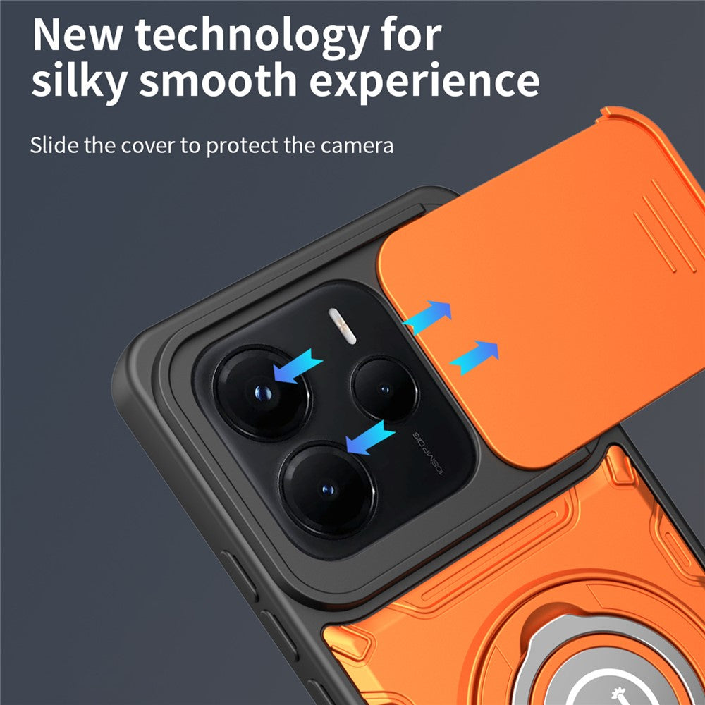 For Xiaomi Redmi Note 14 5G Case with Slide Camera Cover Ring Kickstand PC + TPU Phone Shell