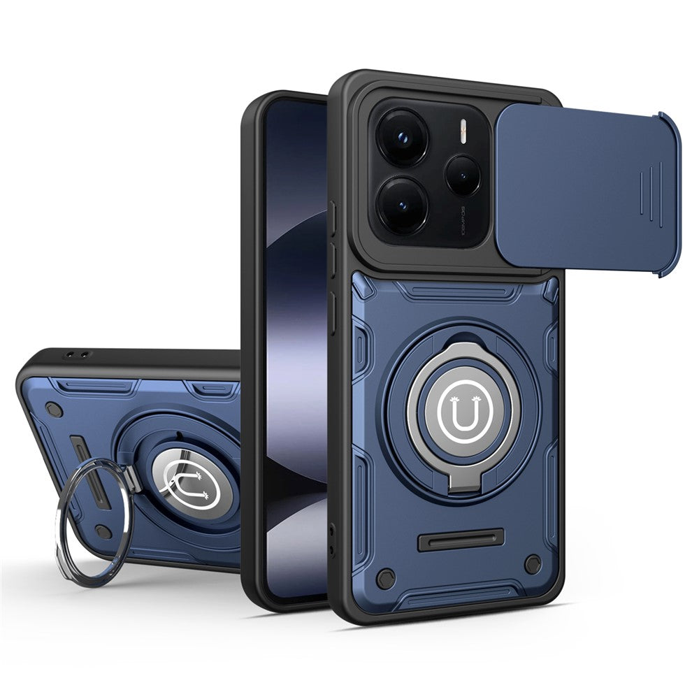 For Xiaomi Redmi Note 14 5G Case with Slide Camera Cover Ring Kickstand PC + TPU Phone Shell