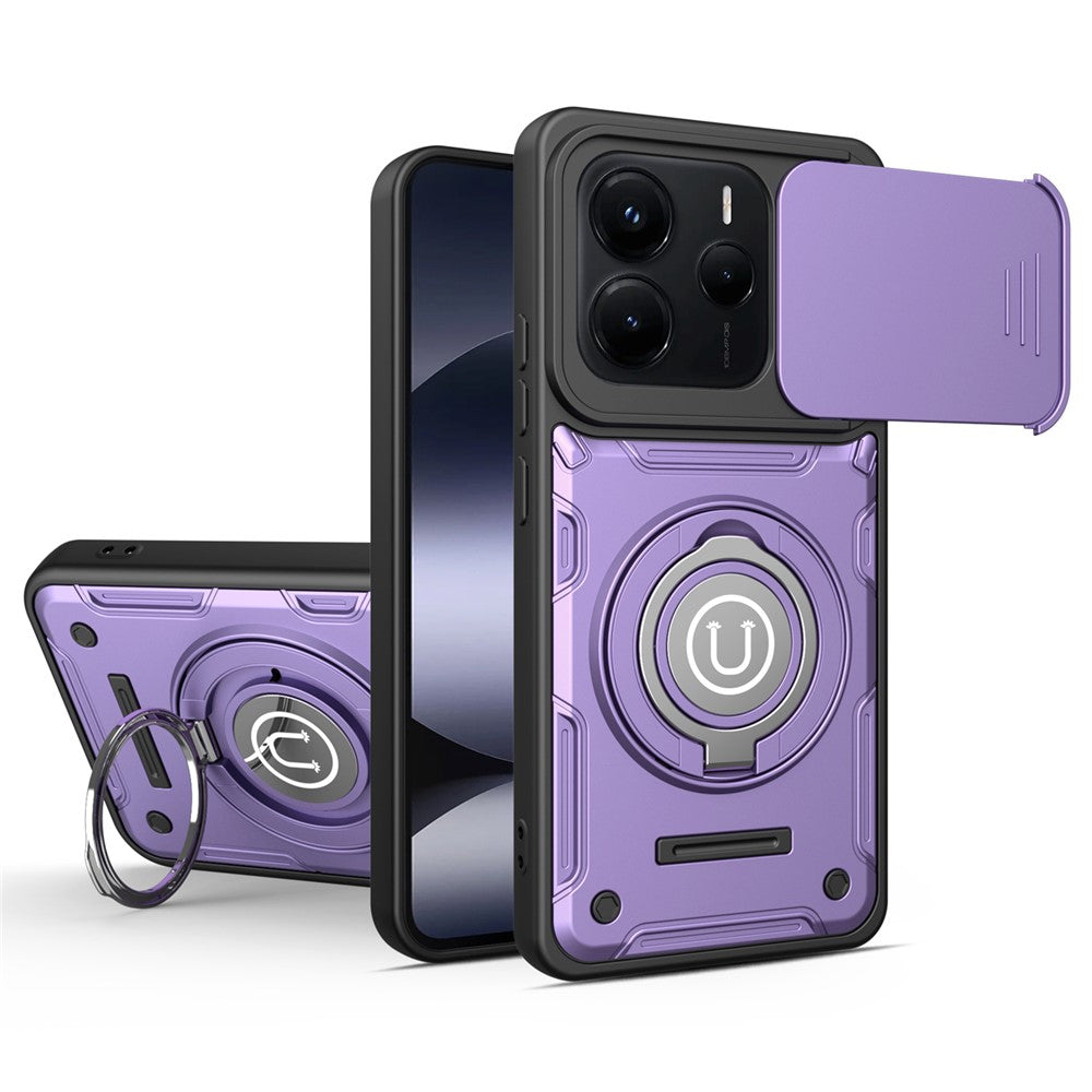 For Xiaomi Redmi Note 14 5G Case with Slide Camera Cover Ring Kickstand PC + TPU Phone Shell