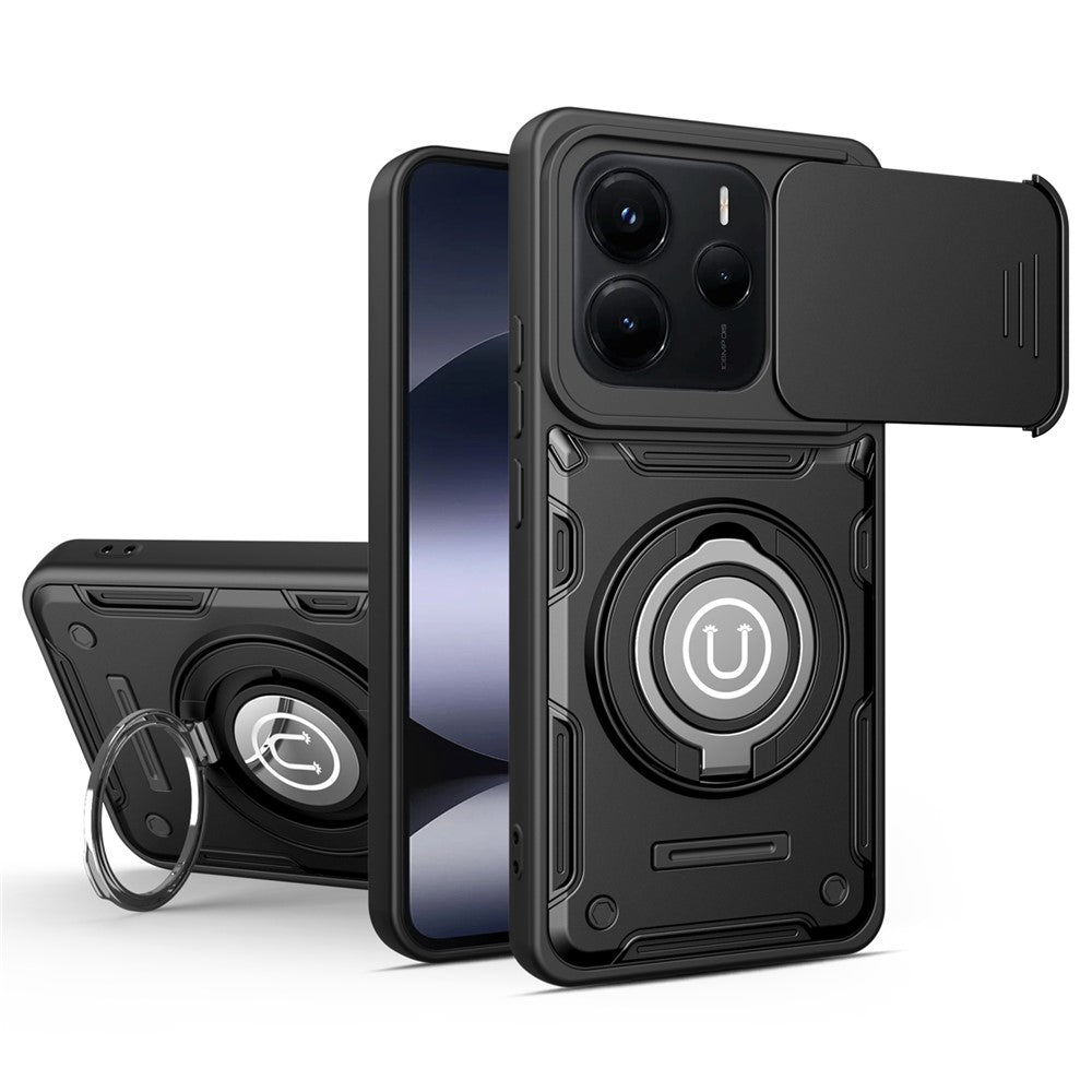 For Xiaomi Redmi Note 14 5G Case with Slide Camera Cover Ring Kickstand PC + TPU Phone Shell