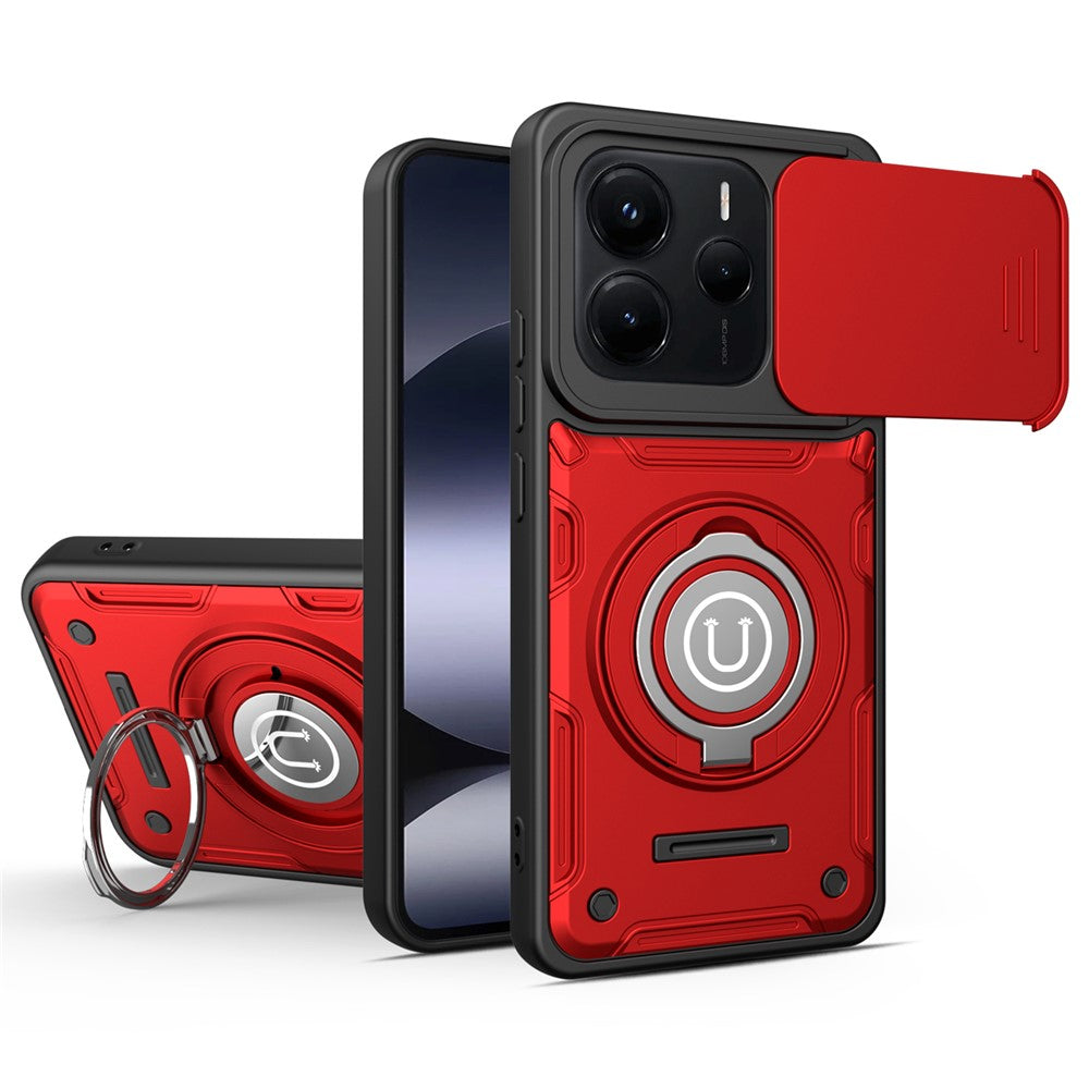 For Xiaomi Redmi Note 14 5G Case with Slide Camera Cover Ring Kickstand PC + TPU Phone Shell