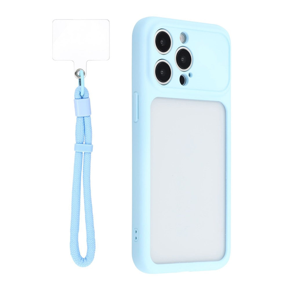 For iPhone 15 Pro Max Case Large Window TPU + PC Rubberized Phone Cover with Wrist Strap