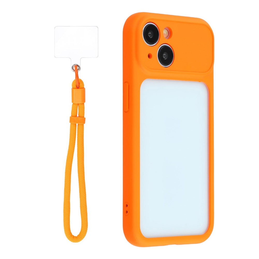 For iPhone 15 Case Large Window TPU + PC Rubberized Phone Cover with Wrist Strap