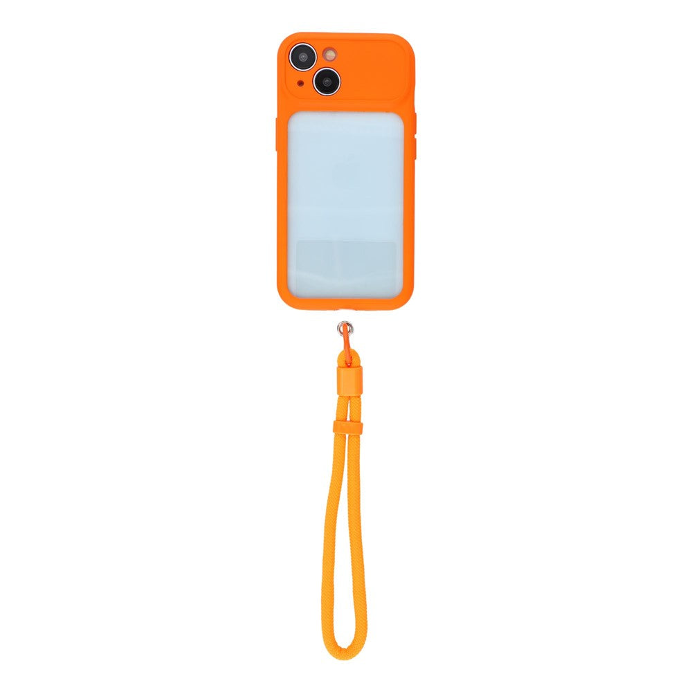 For iPhone 15 Case Large Window TPU + PC Rubberized Phone Cover with Wrist Strap