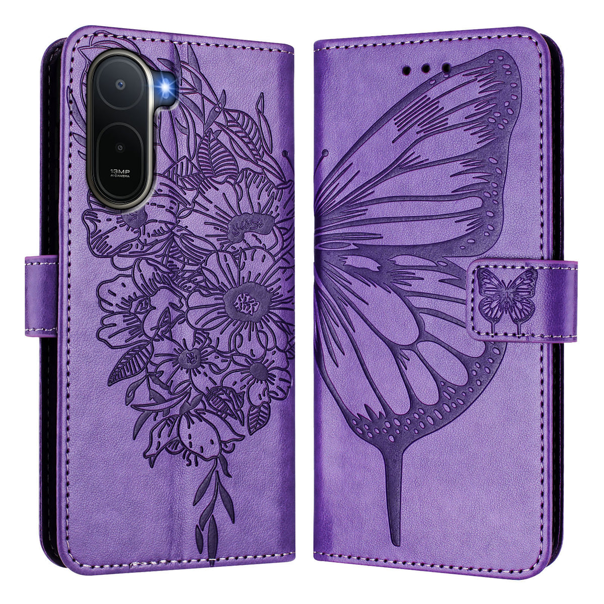 Tegnebogsetui med håndledsrem i læder til Xiaomi Poco C81 4G / Xiaomi Redmi A7 Pro 4G (171.56mm) / Xiaomi Poco C85x 5G / Xiaomi Redmi A7 Pro 5G, læderetui med sommerfugletryk