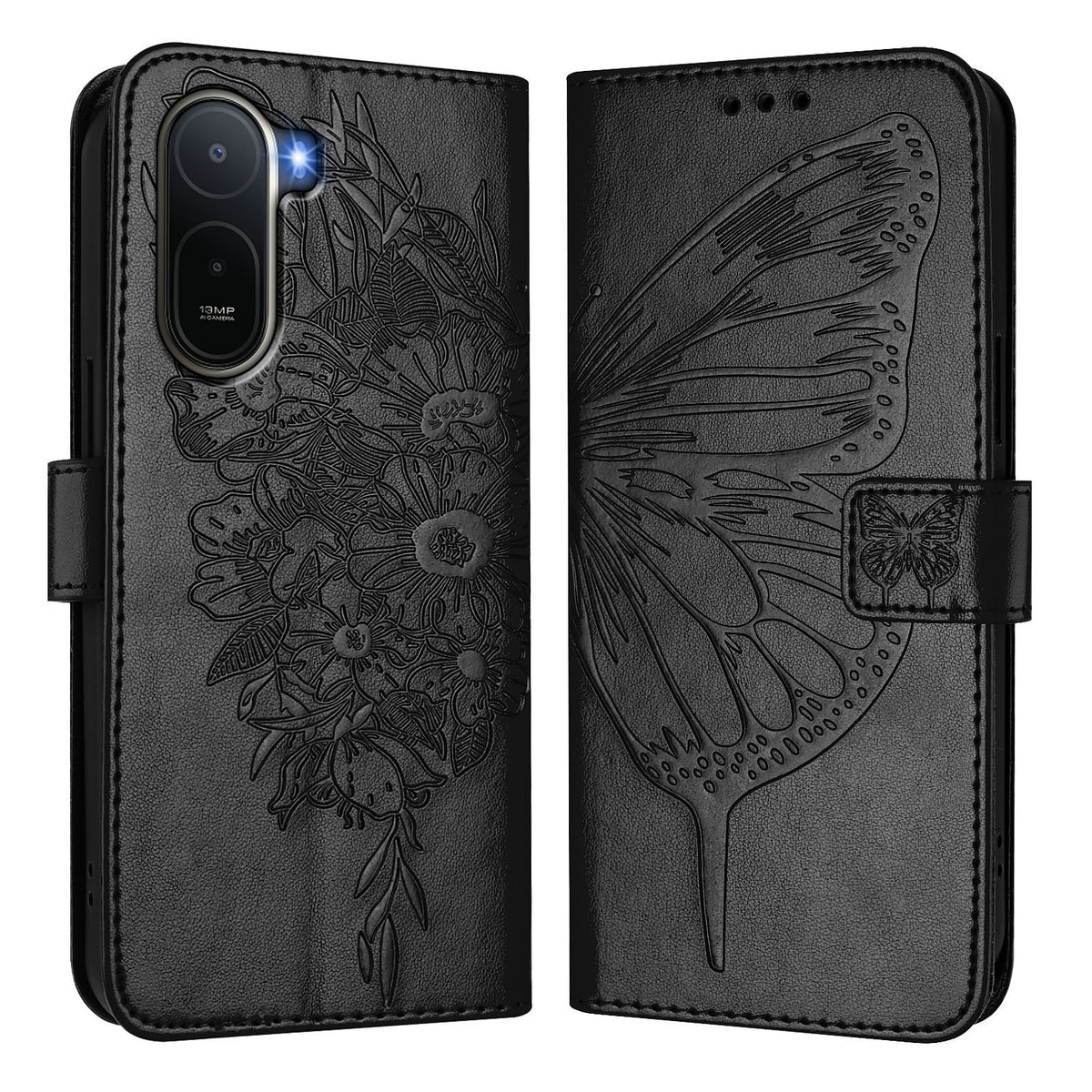 Tegnebogsetui med håndledsrem i læder til Xiaomi Poco C81 4G / Xiaomi Redmi A7 Pro 4G (171.56mm) / Xiaomi Poco C85x 5G / Xiaomi Redmi A7 Pro 5G, læderetui med sommerfugletryk