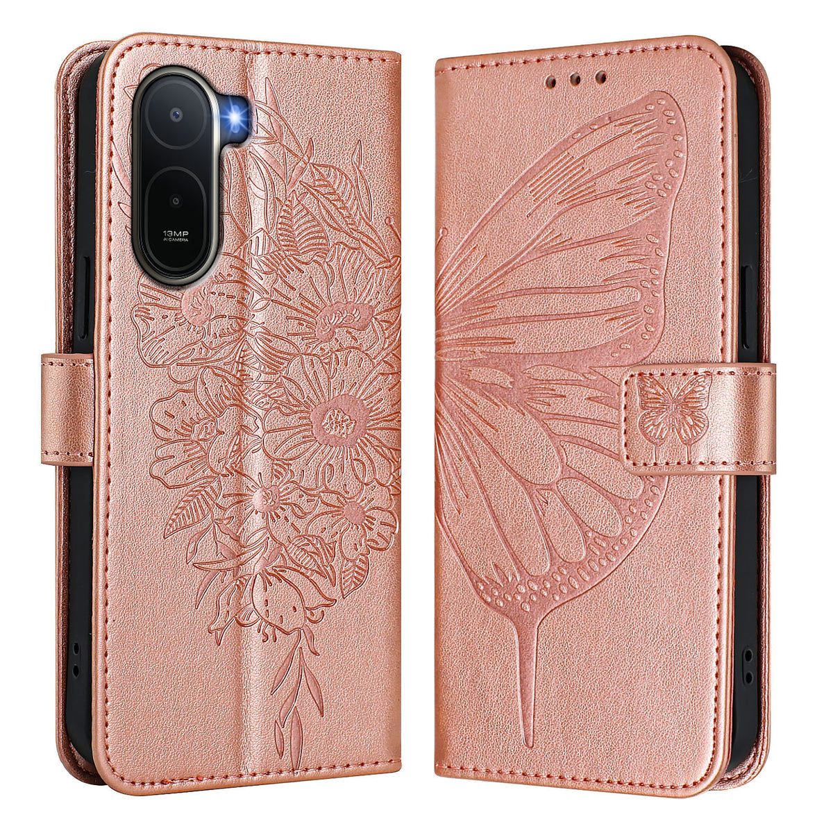 Tegnebogsetui med håndledsrem i læder til Xiaomi Poco C81 4G / Xiaomi Redmi A7 Pro 4G (171.56mm) / Xiaomi Poco C85x 5G / Xiaomi Redmi A7 Pro 5G, læderetui med sommerfugletryk