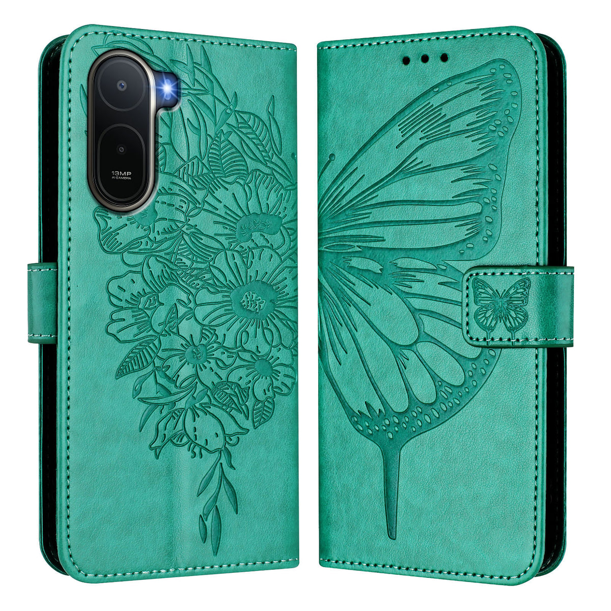 Tegnebogsetui med håndledsrem i læder til Xiaomi Poco C81 4G / Xiaomi Redmi A7 Pro 4G (171.56mm) / Xiaomi Poco C85x 5G / Xiaomi Redmi A7 Pro 5G, læderetui med sommerfugletryk