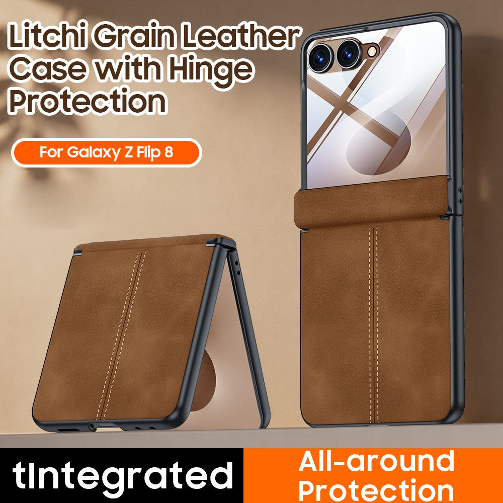 For Samsung Galaxy Z Flip8 Case Hinge Protection Leather + PC Phone Cover with HD Clear Tempered Glass Film