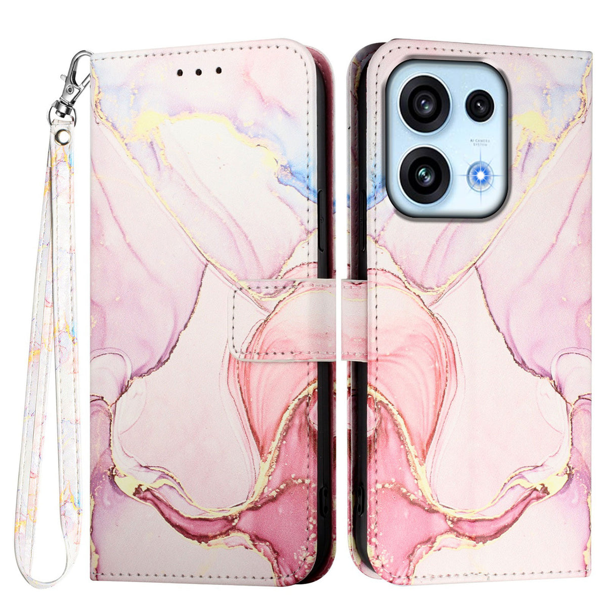 Til Oppo Reno16 FS 5G / Oppo Reno16 F 5G etui med strop, marmormønstret lædertelefondæksel, kortholder