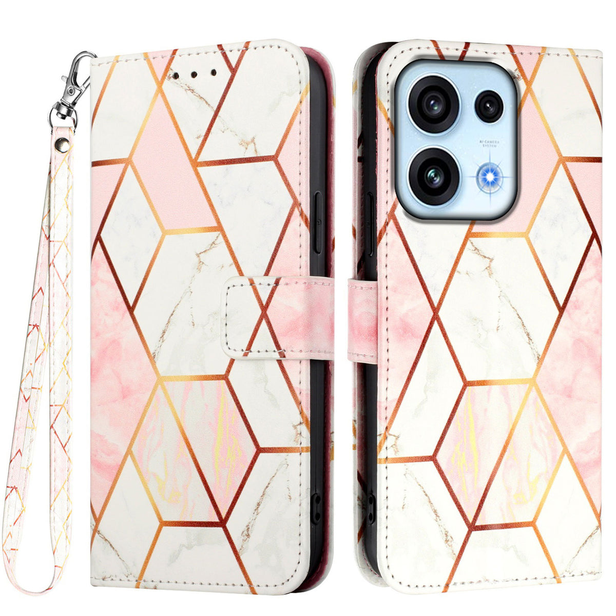 Til Oppo Reno16 FS 5G / Oppo Reno16 F 5G etui med strop, marmormønstret lædertelefondæksel, kortholder